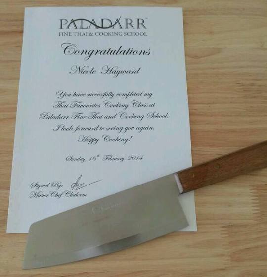 MissFoodFairy's Thai cooking class certificate & awesome knife